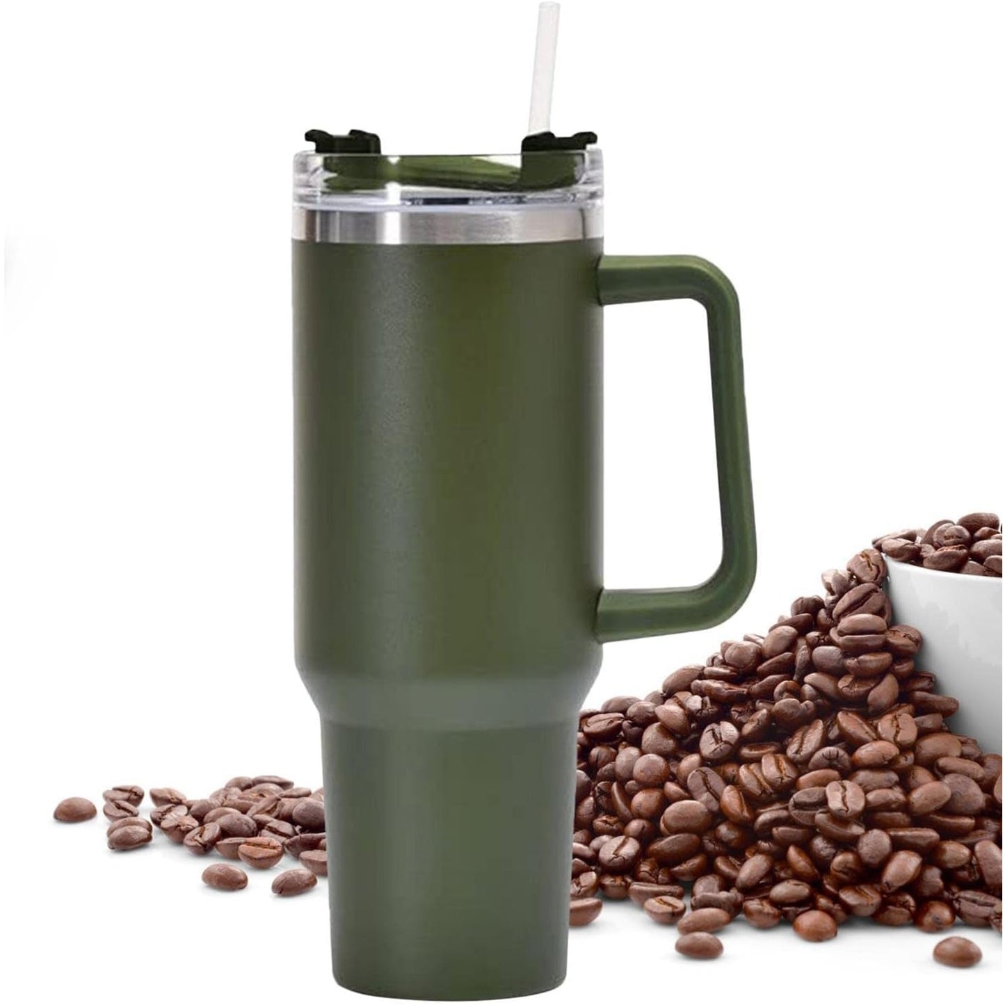 Cana Termos din Plastic, pentru Bauturi Calde si Reci, cu Maner, 9.9x9.9x27 cm, Verde Army