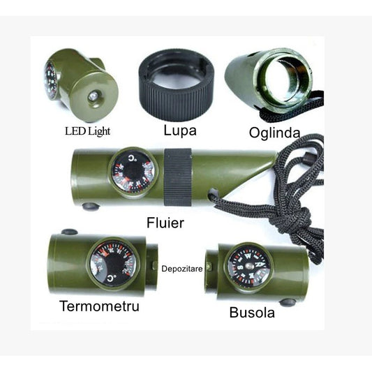Kit supravieturie, Fluier multifunctional 7 in 1, pentru drumetii, hiking, lupa, fluier, termometru, depozitare pastile, busola, din material ABS, cu snur, 9,7 x 2,8 cm, verde