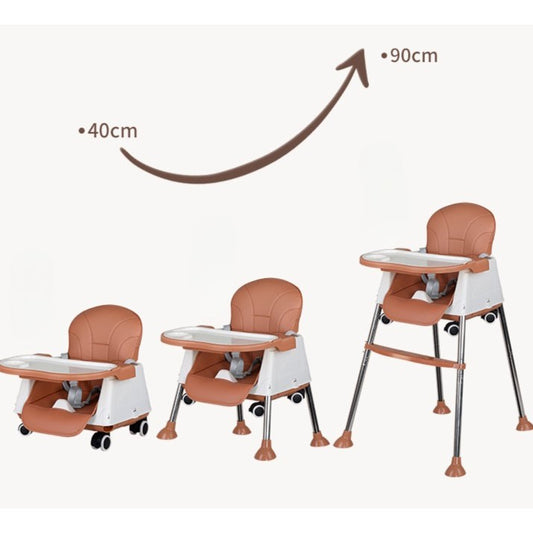 Scaun de Masa Pliabil 3in1, Reglabil, Multifunctional, 3 Pozitii, Masuta si Husa Detasabile, Roti, Centura de Siguranta, Ajustare Inaltime, Maro