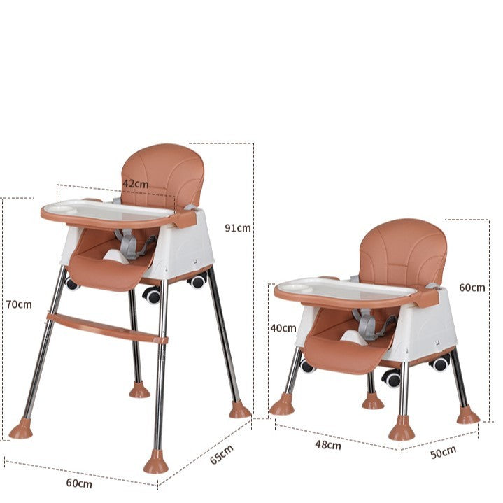 Scaun de Masa Pliabil 3in1, Reglabil, Multifunctional, 3 Pozitii, Masuta si Husa Detasabile, Roti, Centura de Siguranta, Ajustare Inaltime, Maro