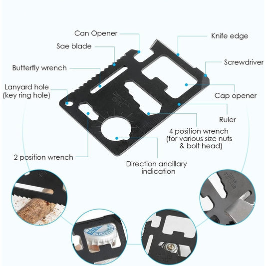 Kit supravietuire multifunctional 13 in 1, Instrumente profesionale, agatatoare ghiozdan, pentru Camping, Drumetii, Aventuri in aer liber, borseta inclusa, model cutie, negru