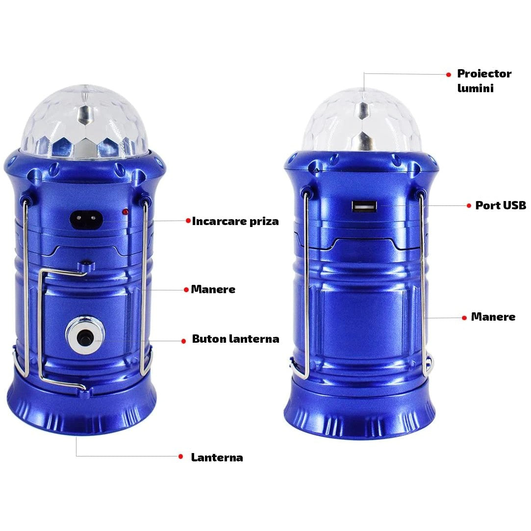 Lanternă pliabilă de camping Magic cool cu lampă disc și USB, Lanterna, Felinar, Acumulator 1200 mAh, reincarcabila, 6 LED + 1 W + 3C culori, Albastru