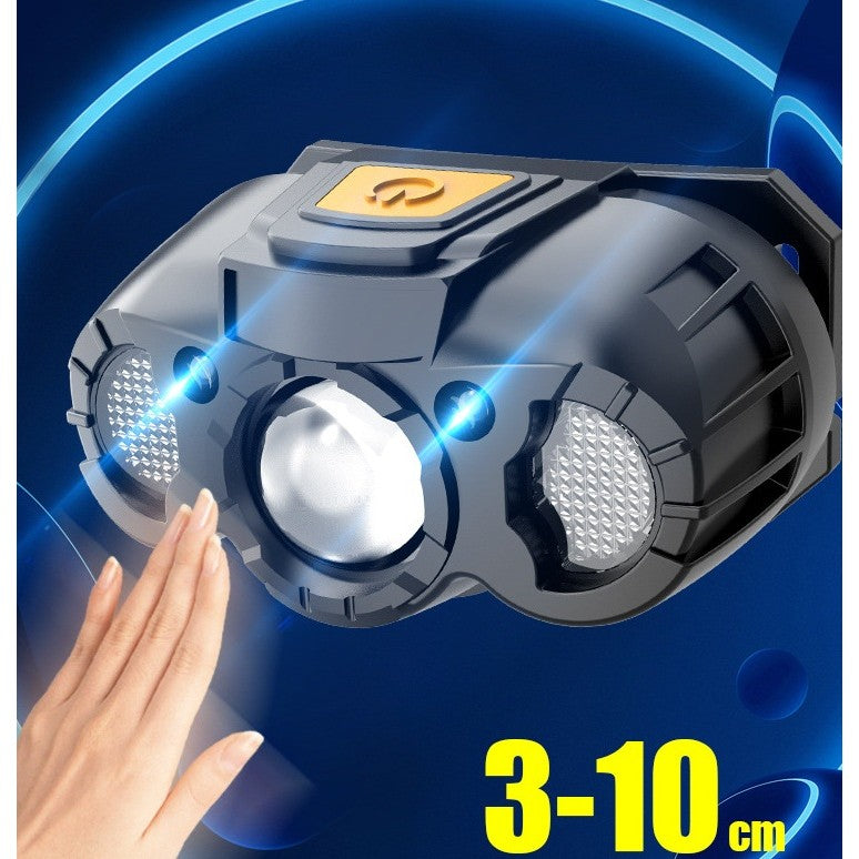 Lanterna LED de Cap, cu Suport Inclus, Incarcare USB Tip C, Raza 100-200m, 5W, 6 Trepte de Lumina, 400 mAh, Gri