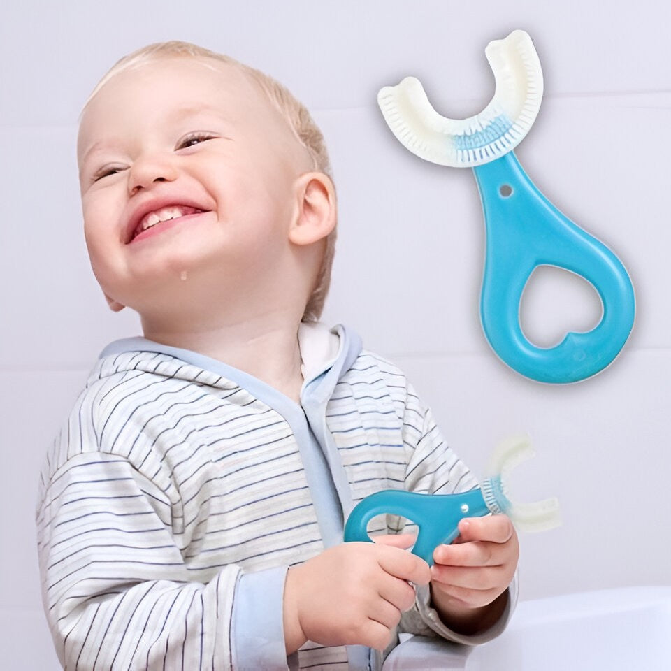 Periuta de Dinti in Forma de U, pentru Sugari si Copii 2-6 ani, Peri Moi, 9 cm, Model Inima, Culoare Albastru