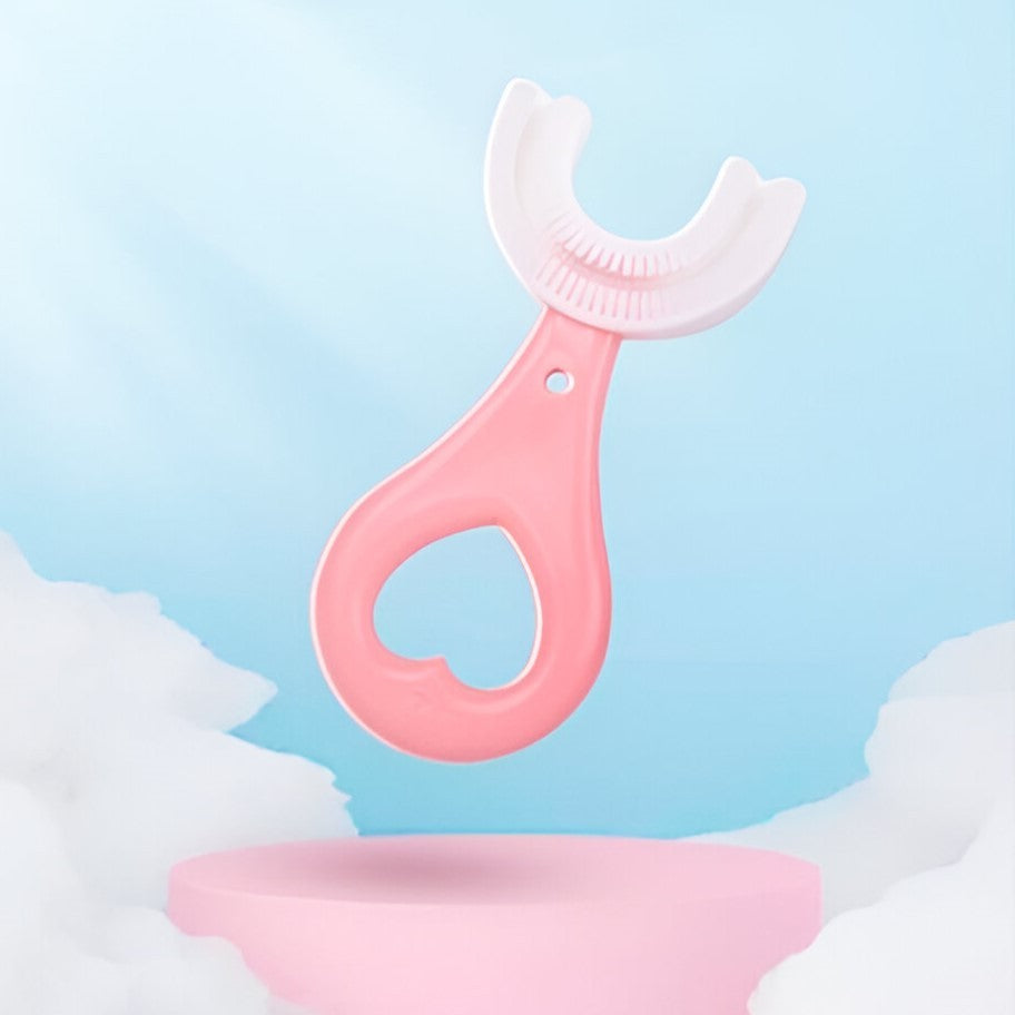 Periuta de Dinti in Forma de U, pentru Sugari si Copii 2-6 ani, Peri Moi, 9 cm, Model Inima, Culoare Roz