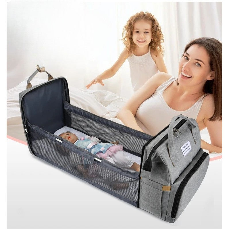 Rucsac Multifunctional pentru Mamici, cu Patut Pliabil si Baza de Schimbat, Rezistent la Apa, Capacitate Mare, Usor, Compartimente Multiple, Buzunar Termic pentru Lapte, 42 x 32 x 22 cm, Gri