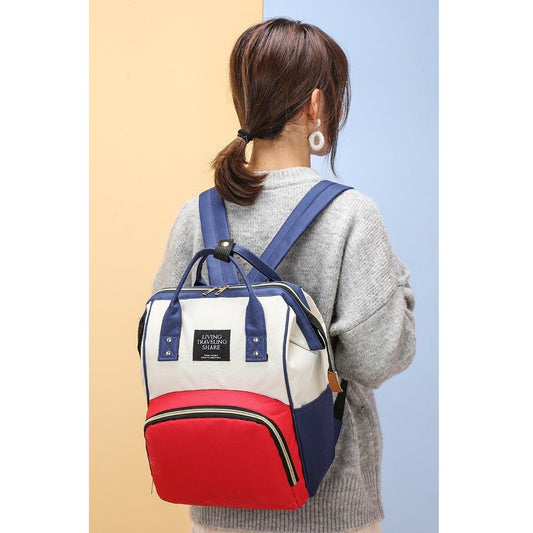 Rucsac Multifunctional pentru Mamici, din Panza Oxford, Compartimentare Multipla, Impermeabil, 43 x 18 x 26 cm, Alb/Rosu/Albastru