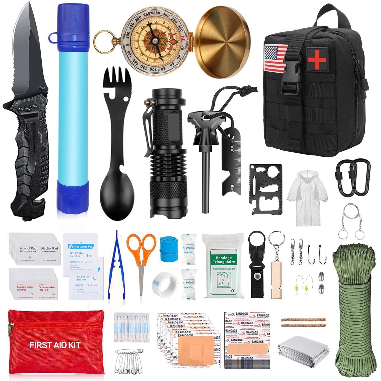 Kit supravietuire multifuncional, 40 de Instrumente Profesionale, Echipament de prim-ajutor, Drumetie, Camping