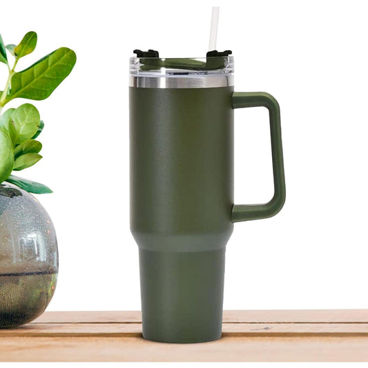 Cana Termos din Plastic, pentru Bauturi Calde si Reci, cu Maner, 9.9x9.9x27 cm, Verde Army