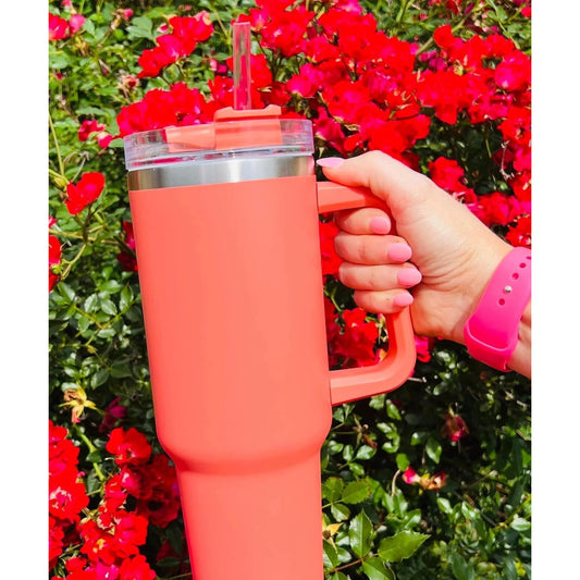 Cana Termos din Plastic, pentru Bauturi Calde si Reci, cu Maner, 9.9x9.9x27 cm, Portocaliu