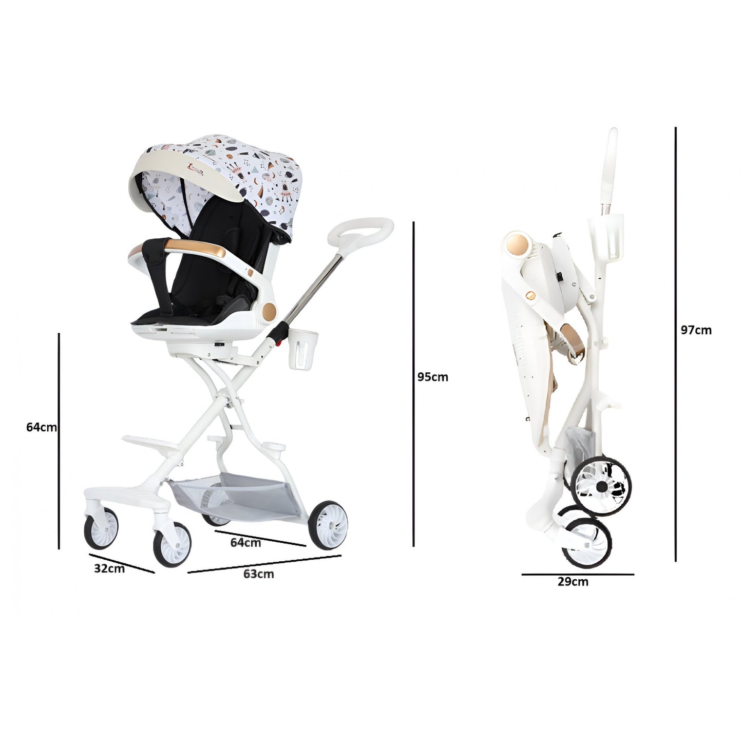 Carucior Sport 3in1, 6-36 Luni, Reversibil, Pliabil, Tavita pentru Masa, Pozitie de Somn, Centura de Siguranta, Roti 360, Suport Pahar, Copertina pentru Soare, 32x63x95cm, Bej Model Cosmos