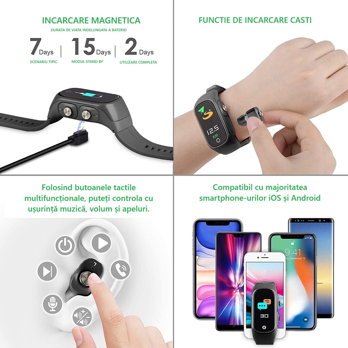 Ceas Smartwatch 2 in 1, cu Casti Bluetooth, N8 TWS, Plug in lateral, afisaj 1.47 inch , rezolutie 172*320, Negru