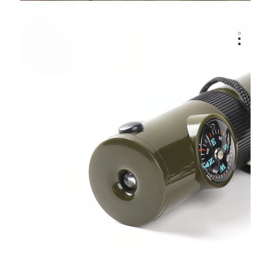 Kit supravieturie, Fluier multifunctional 7 in 1, pentru drumetii, hiking, lupa, fluier, termometru, depozitare pastile, busola, din material ABS, cu snur, 9,7 x 2,8 cm, verde