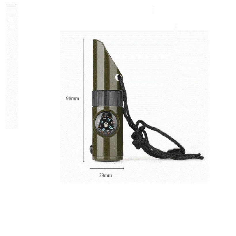 Kit supravieturie, Fluier multifunctional 7 in 1, pentru drumetii, hiking, lupa, fluier, termometru, depozitare pastile, busola, din material ABS, cu snur, 9,7 x 2,8 cm, verde