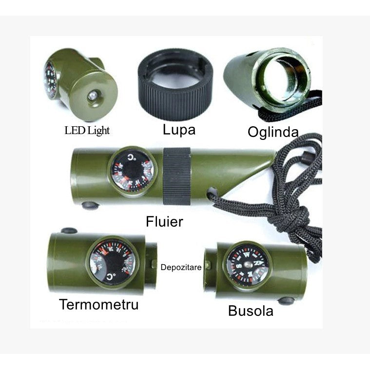 Kit supravieturie, Fluier multifunctional 7 in 1, pentru drumetii, hiking, lupa, fluier, termometru, depozitare pastile, busola, din material ABS, cu snur, 9,7 x 2,8 cm, verde
