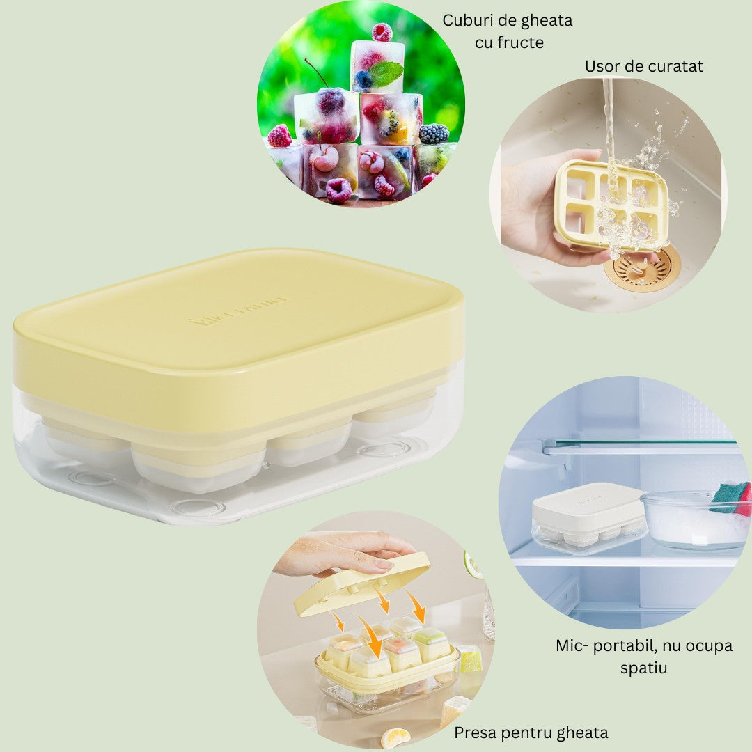 Forma pentru gheata cu presa, din silicon alimentar, 6 cuburi, caserola pentru depozitare, usor de folosit si curatat, 10.5 x 7.5 x 4.1 cm, galben