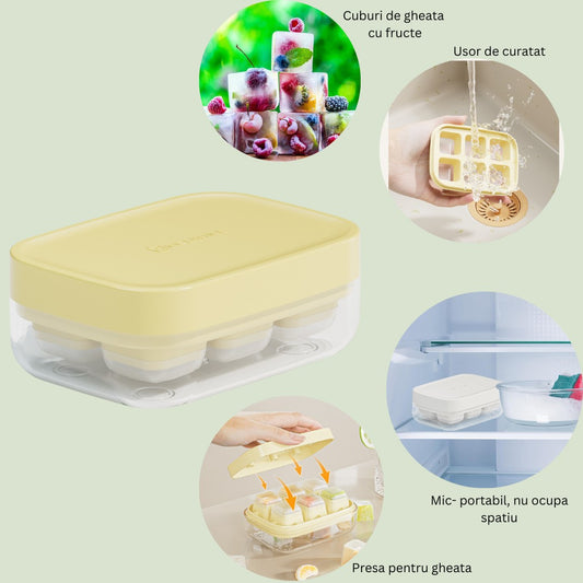 Forma pentru gheata cu presa, din silicon alimentar, 6 cuburi, caserola pentru depozitare, usor de folosit si curatat, 10.5 x 7.5 x 4.1 cm, galben