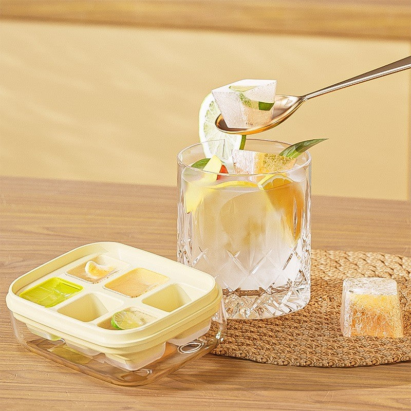 Forma pentru gheata cu presa, din silicon alimentar, 6 cuburi, caserola pentru depozitare, usor de folosit si curatat, 10.5 x 7.5 x 4.1 cm, galben