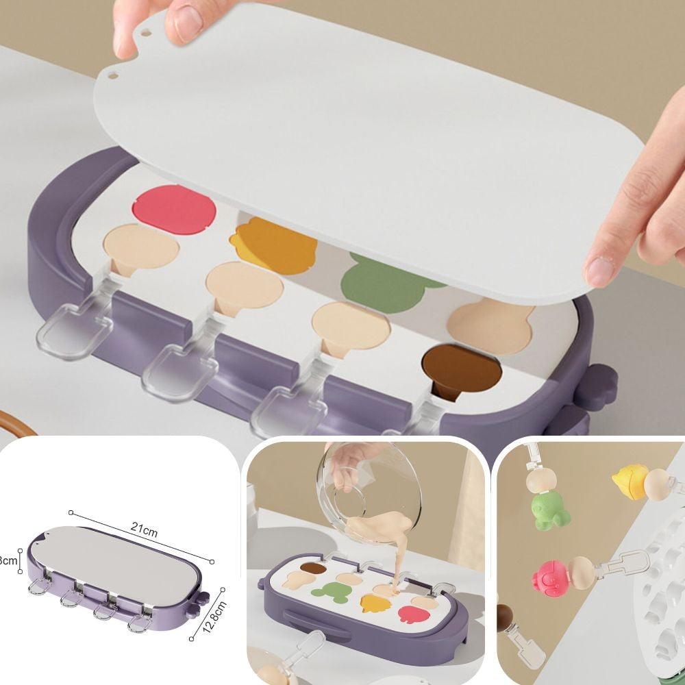 Forma pentru inghetata, 4 compartimente, forme cu animalute, materialsilicon si ABS, 21 x 12.8 x 3cm, mov