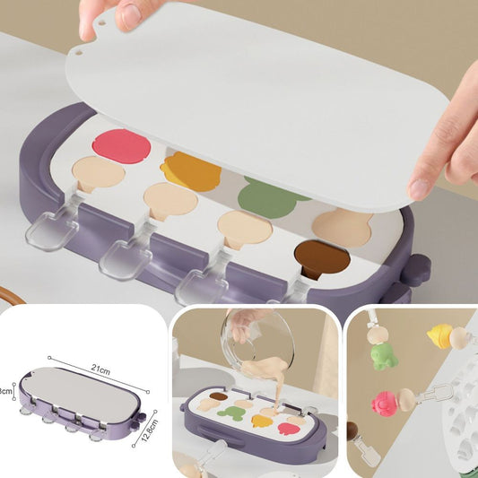 Forma pentru inghetata, 4 compartimente, forme cu animalute, materialsilicon si ABS, 21 x 12.8 x 3cm, mov