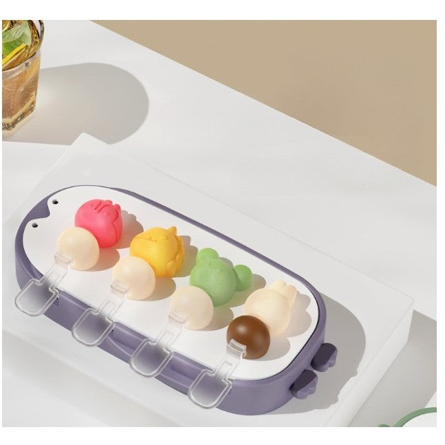 Forma pentru inghetata, 4 compartimente, forme cu animalute, materialsilicon si ABS, 21 x 12.8 x 3cm, mov