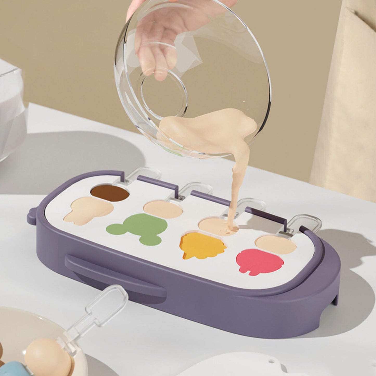 Forma pentru inghetata, 4 compartimente, forme cu animalute, materialsilicon si ABS, 21 x 12.8 x 3cm, mov