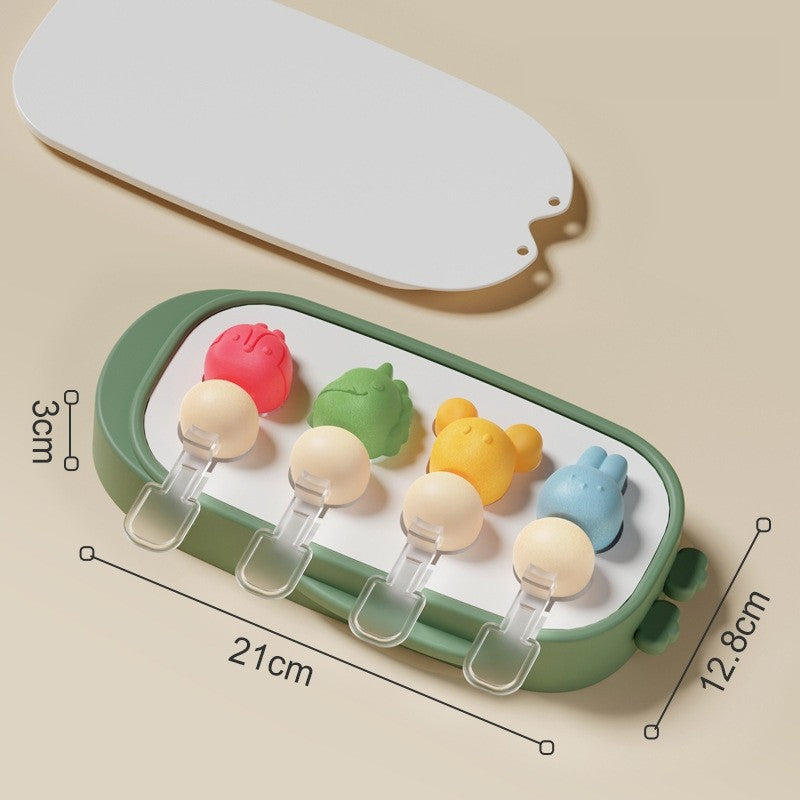 Forma pentru inghetata, 4 compartimente, forme cu animalute, materialsilicon si ABS, 21 x 12.8 x 3cm, verde