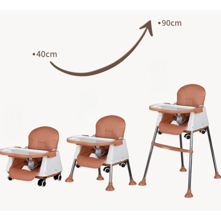 Scaun de Masa Pliabil 3in1, Reglabil, Multifunctional, 3 Pozitii, Masuta si Husa Detasabile, Roti, Centura de Siguranta, Ajustare Inaltime, Maro