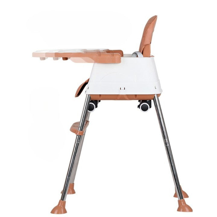 Scaun de Masa Pliabil 3in1, Reglabil, Multifunctional, 3 Pozitii, Masuta si Husa Detasabile, Roti, Centura de Siguranta, Ajustare Inaltime, Maro