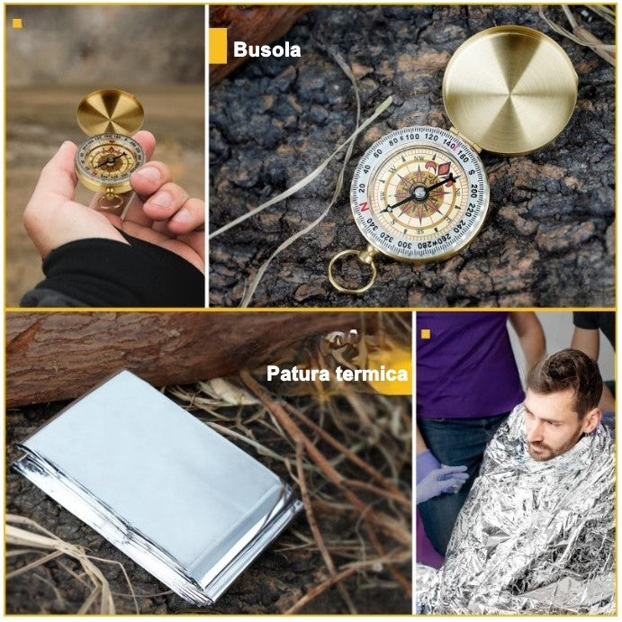 Kit supravietuire multifunctional, Instrumente profesionale, Agatatoare ghiozdan, pentru Camping, Drumetii, Aventuri in aer liber, borseta inclusa, gri