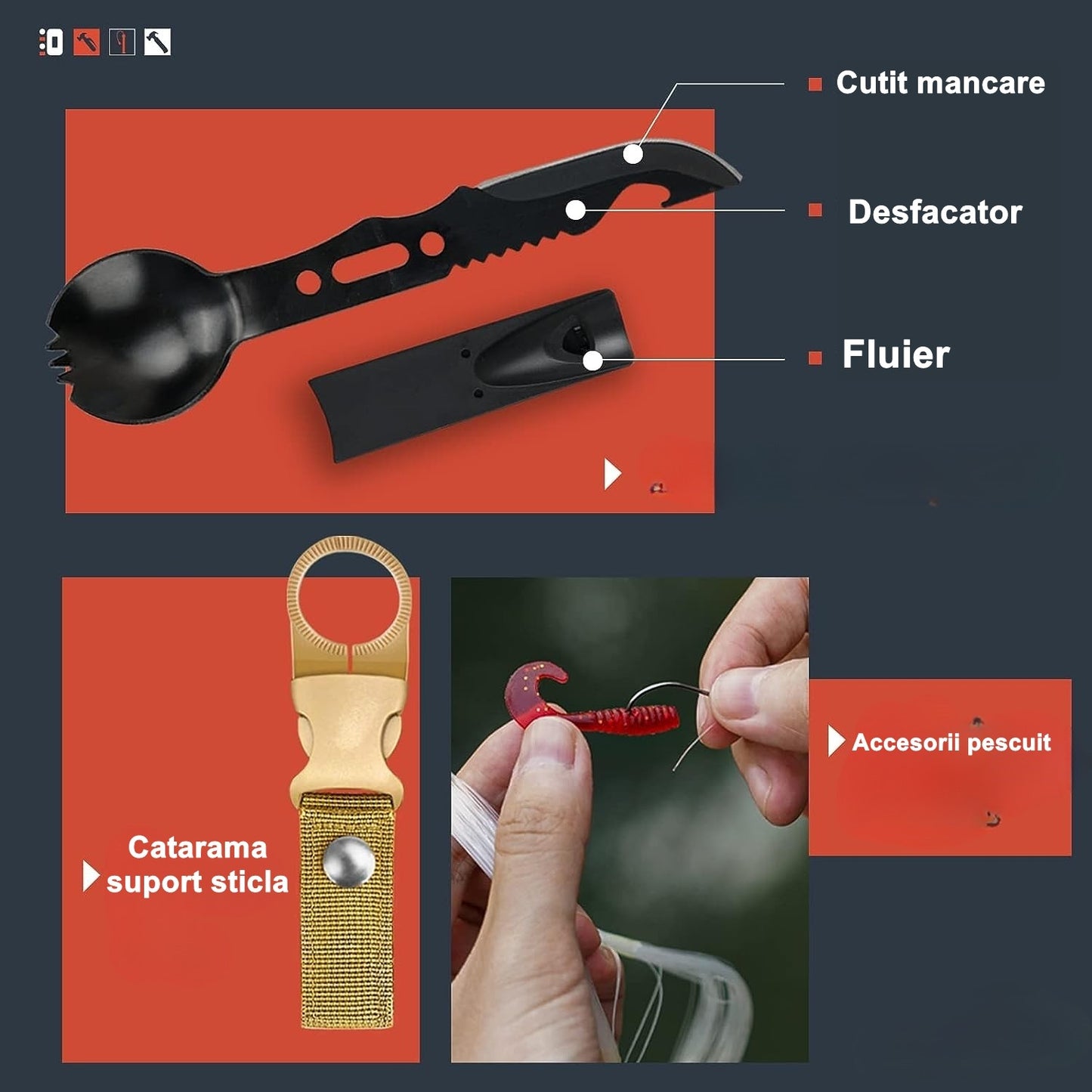 Kit supravietuire multifunctional, Instrumente profesionale, Agatatoare ghiozdan, pentru Camping, Drumetii, Aventuri in aer liber, borseta inclusa, gri