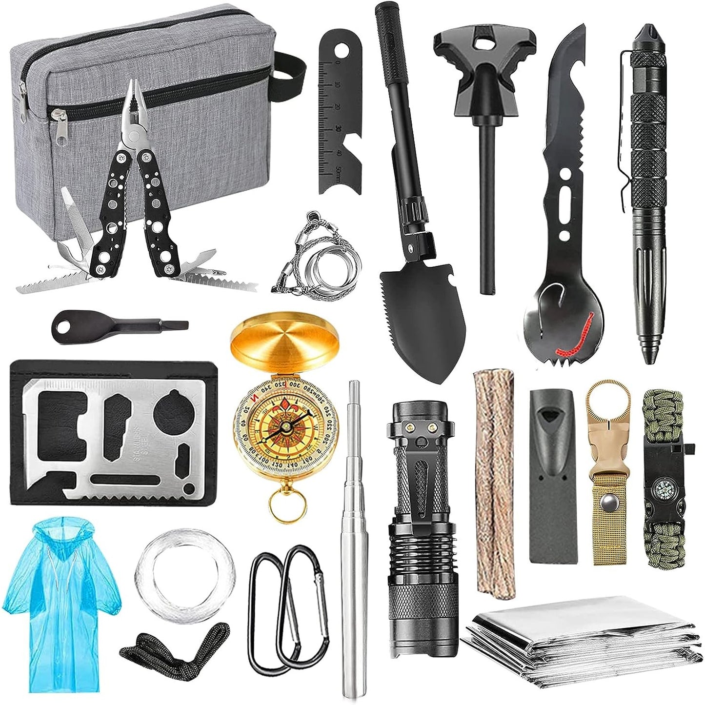 Kit supravietuire multifunctional, Instrumente profesionale, Agatatoare ghiozdan, pentru Camping, Drumetii, Aventuri in aer liber, borseta inclusa, gri