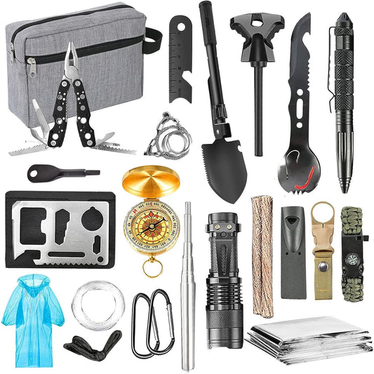 Kit supravietuire multifunctional, Instrumente profesionale, Agatatoare ghiozdan, pentru Camping, Drumetii, Aventuri in aer liber, borseta inclusa, gri