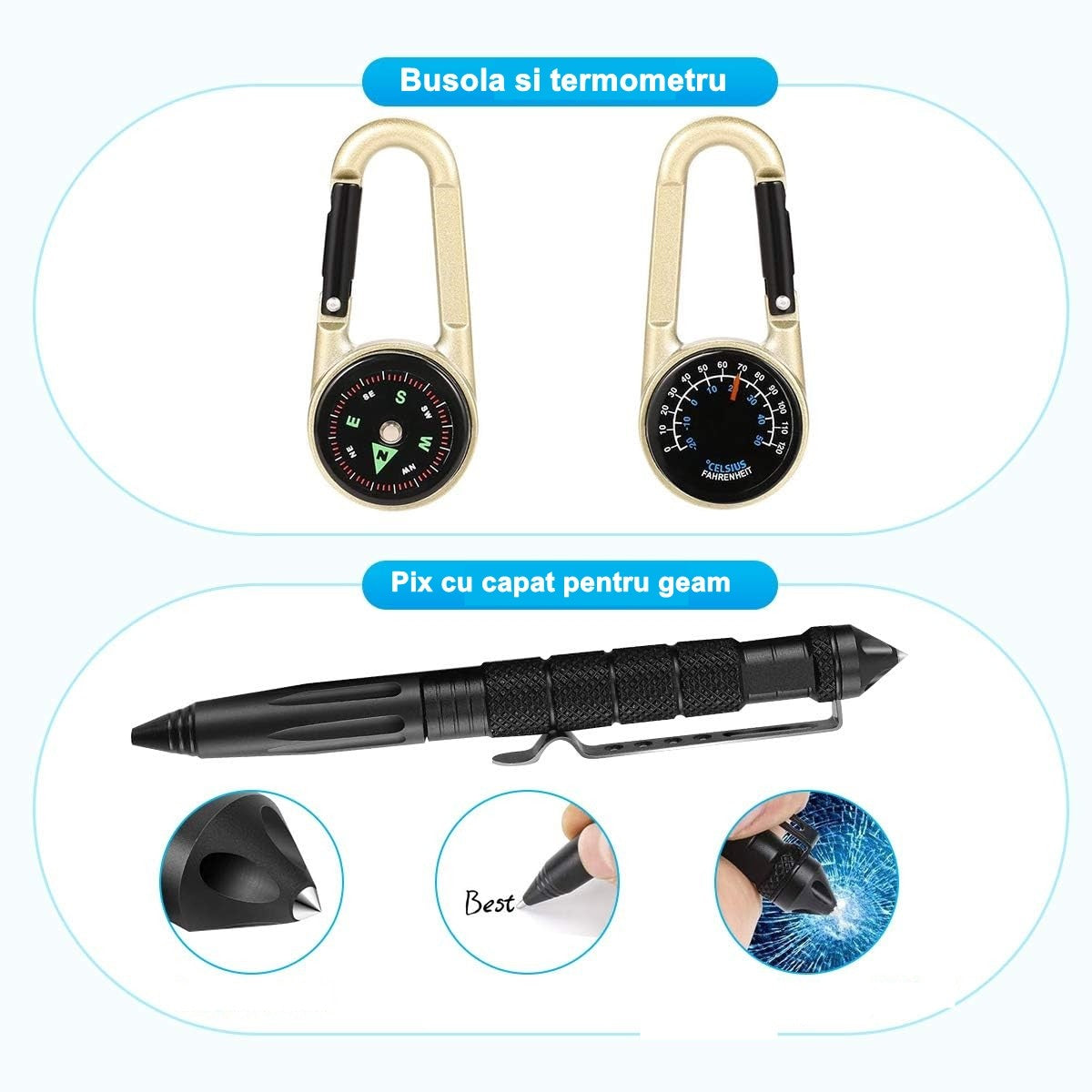 Kit supravietuire multifunctional 13 in 1, Instrumente profesionale, agatatoare ghiozdan, pentru Camping, Drumetii, Aventuri in aer liber, borseta inclusa, model cutie, negru