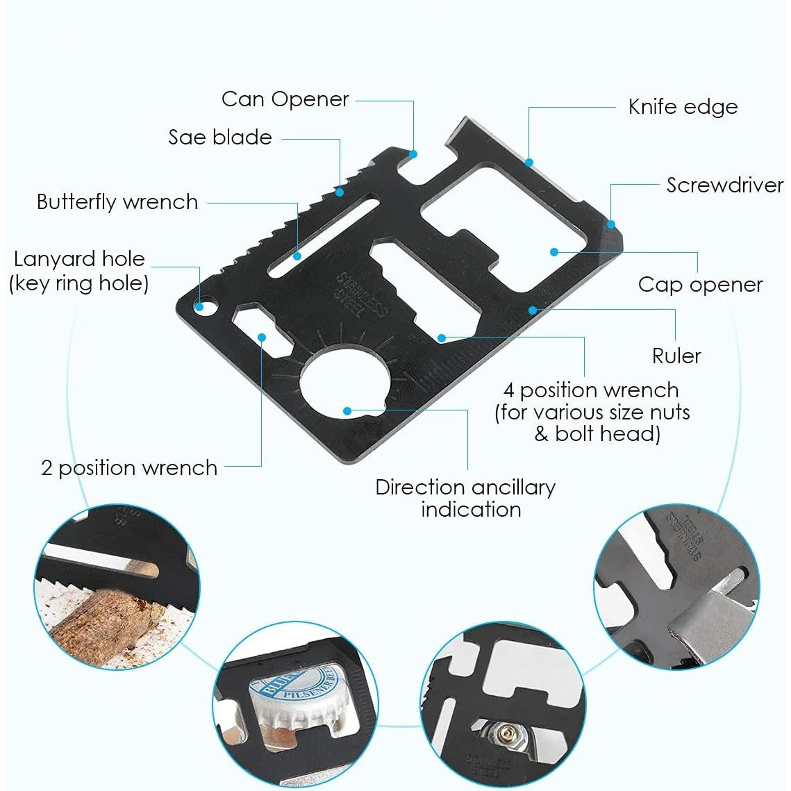 Kit supravietuire multifunctional 13 in 1, Instrumente profesionale, agatatoare ghiozdan, pentru Camping, Drumetii, Aventuri in aer liber, borseta inclusa, model cutie, negru