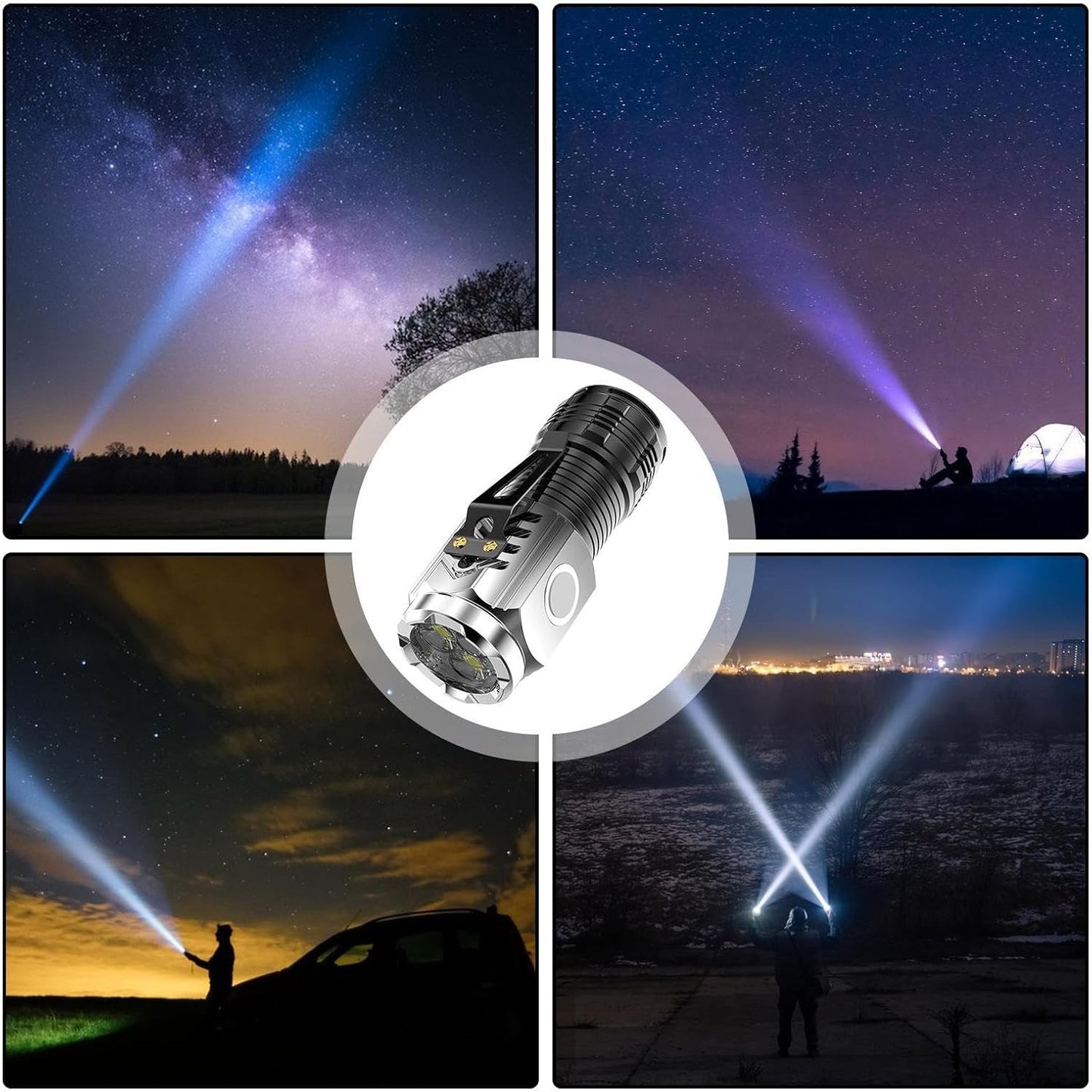 Lanterna cu 3 Nuclee Led, Incarcare USB, Autonomie 4-20h, Raza Maxima 100-200 m, 5W, 4 x 4 x 9 cm, Suport de Agatat, Fund Magnetic, Argintiu