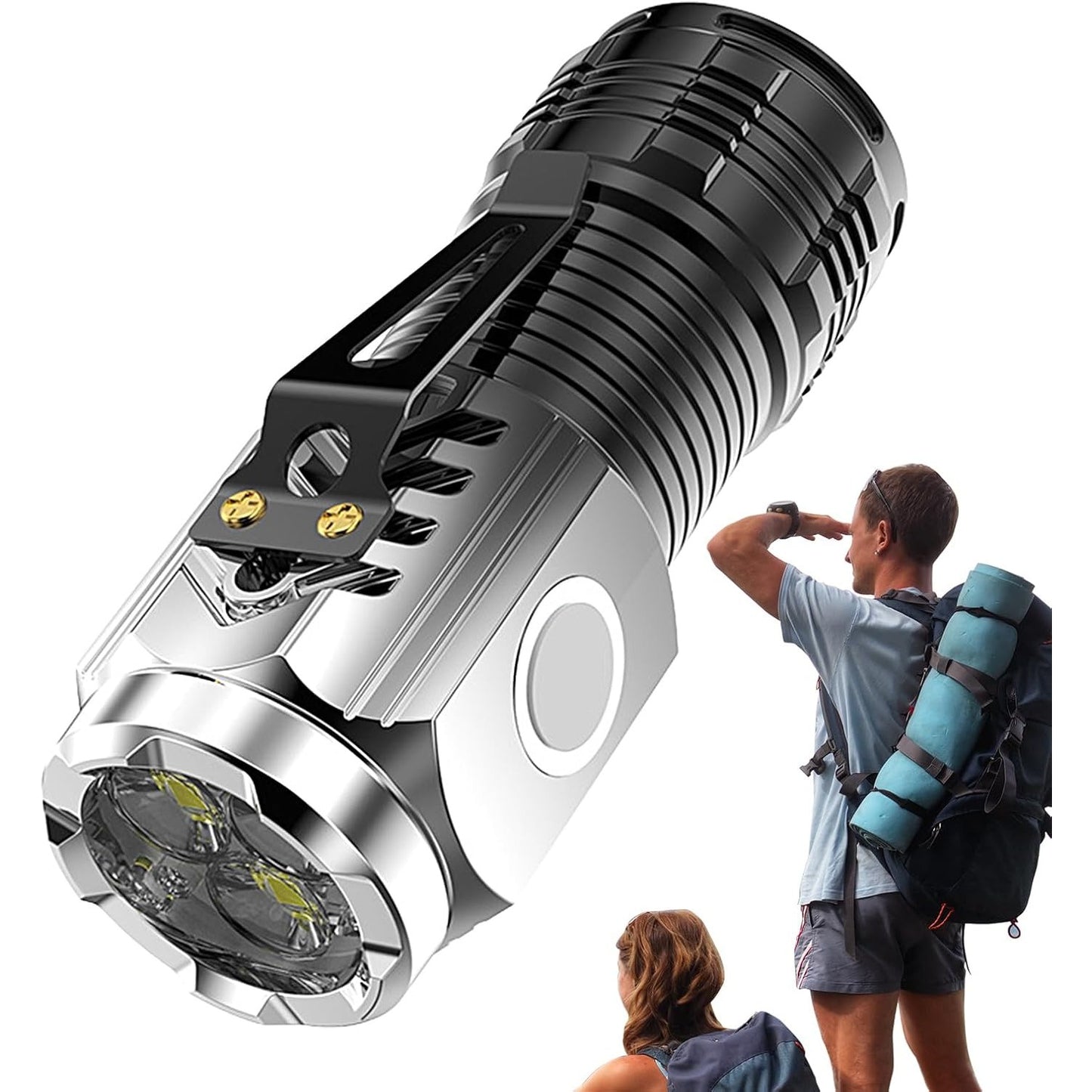 Lanterna cu 3 Nuclee Led, Incarcare USB, Autonomie 4-20h, Raza Maxima 100-200 m, 5W, 4 x 4 x 9 cm, Suport de Agatat, Fund Magnetic, Argintiu