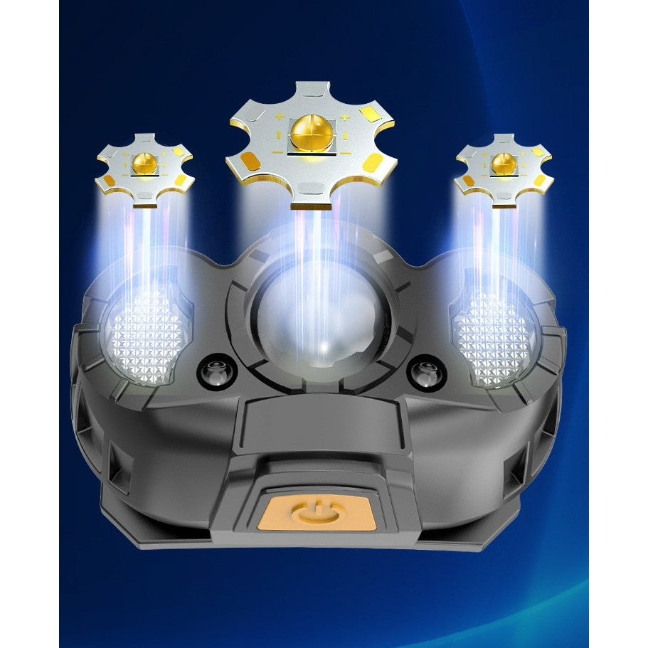 Lanterna LED de Cap, cu Suport Inclus, Incarcare USB Tip C, Raza 100-200m, 5W, 6 Trepte de Lumina, 400 mAh, Gri