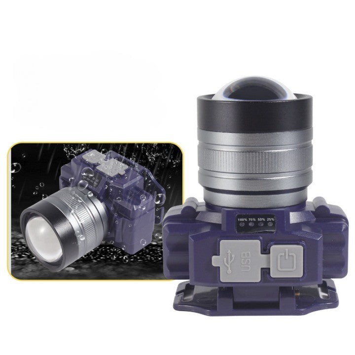 Lanterna LED de Montat pe Cap, cu Raza Lunga de Zoom, Far Telescopic, Reglabil, Rezistent la Apa, pentru Pescuit in Aer Liber, Camping, Lumina Puternica, Lanterna, 7.5x5x7 cm, Albastru