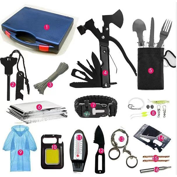 Kit Supravietuire Multifunctional, Instrumente Profesionale, Sub Forma de Trusa, pentru Camping, Drumetii si Aventuri in Aer Liber, Albastru
