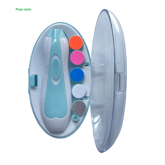 Pila Electrica Unghii pentru Bebelusi, 6 Piese, 15 x 4.5 x 3 cm, Silentios, 0-3 Ani, 4 Trepte de Viteza, Albastru