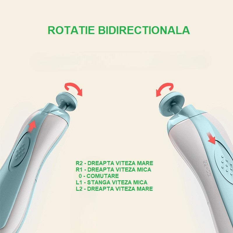 Pila Electrica Unghii pentru Bebelusi, 6 Piese, 15 x 4.5 x 3 cm, Silentios, 0-3 Ani, 4 Trepte de Viteza, Albastru