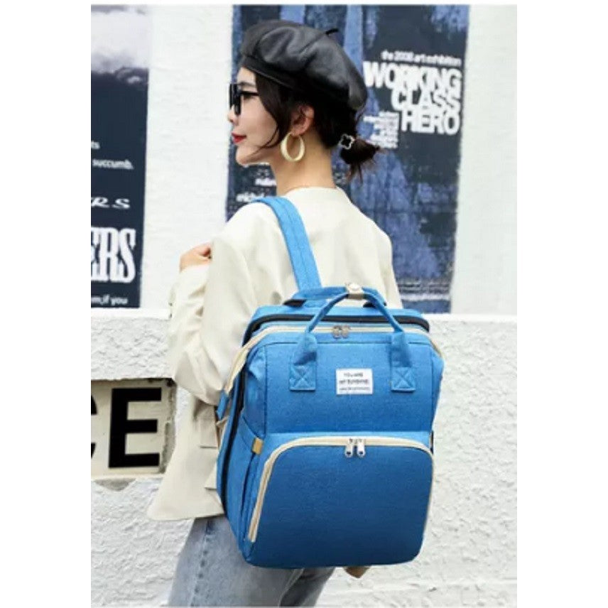 Rucsac Multifunctional pentru Mamici, cu Patut Pliabil si Baza de Schimbat, Rezistent la Apa, Capacitate Mare, Usor, Compartimente Multiple, Buzunar Termic pentru Lapte, 42 x 32 x 22 cm, Albastru Deschis