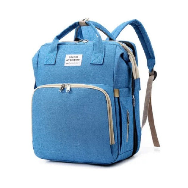 Rucsac Multifunctional pentru Mamici, cu Patut Pliabil si Baza de Schimbat, Rezistent la Apa, Capacitate Mare, Usor, Compartimente Multiple, Buzunar Termic pentru Lapte, 42 x 32 x 22 cm, Albastru Deschis