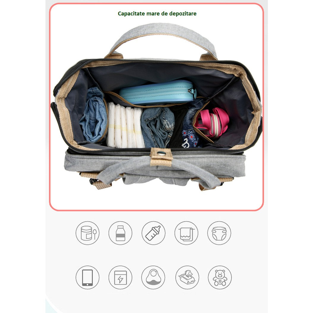Rucsac Multifunctional pentru Mamici, cu Patut Pliabil si Baza de Schimbat, Rezistent la Apa, Capacitate Mare, Usor, Compartimente Multiple, Buzunar Termic pentru Lapte, 42 x 32 x 22 cm, Gri