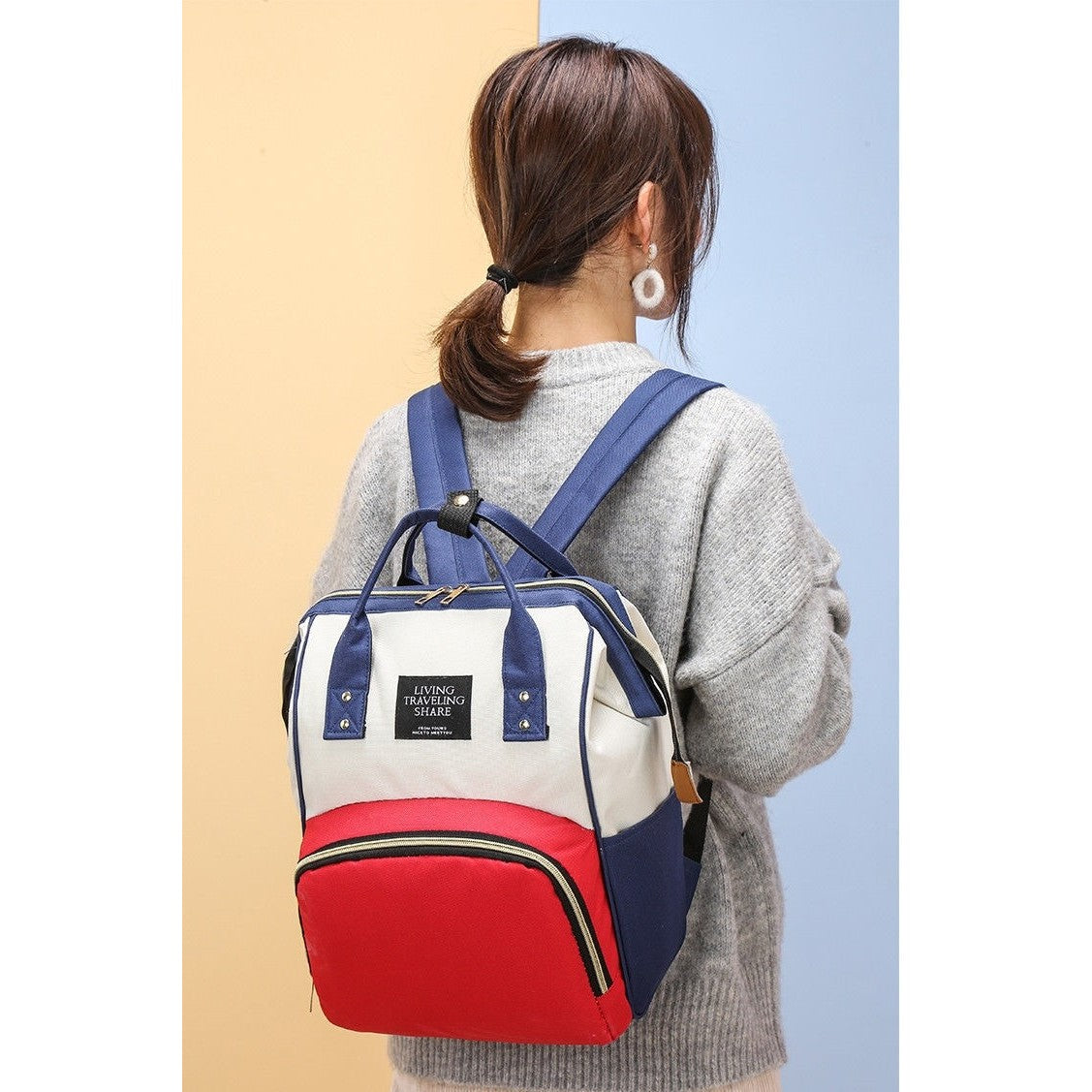 Rucsac Multifunctional pentru Mamici, din Panza Oxford, Compartimentare Multipla, Impermeabil, 43 x 18 x 26 cm, Alb/Rosu/Albastru