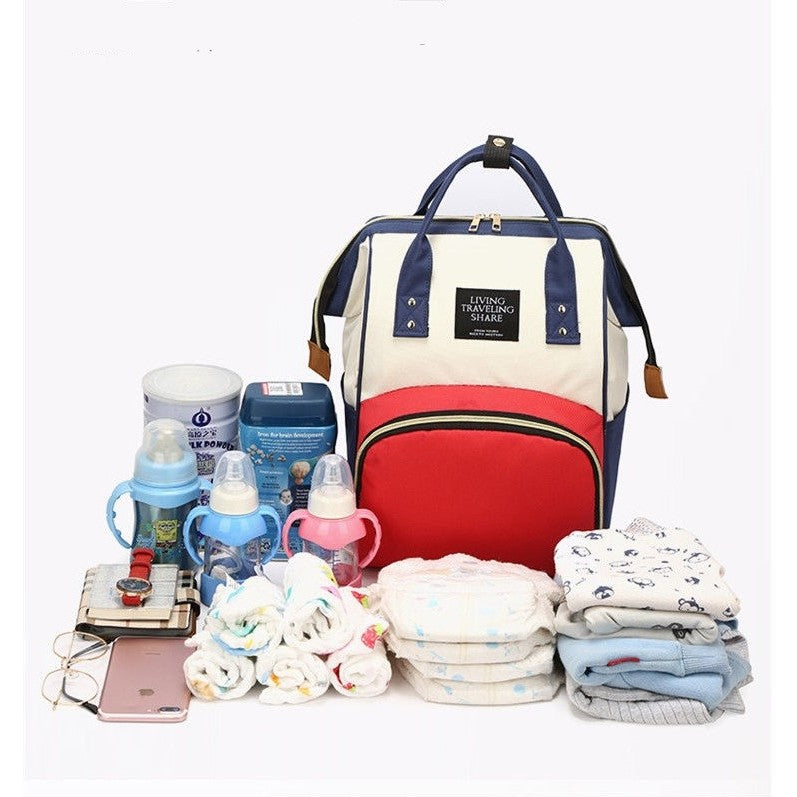 Rucsac Multifunctional pentru Mamici, din Panza Oxford, Compartimentare Multipla, Impermeabil, 43 x 18 x 26 cm, Alb/Rosu/Albastru
