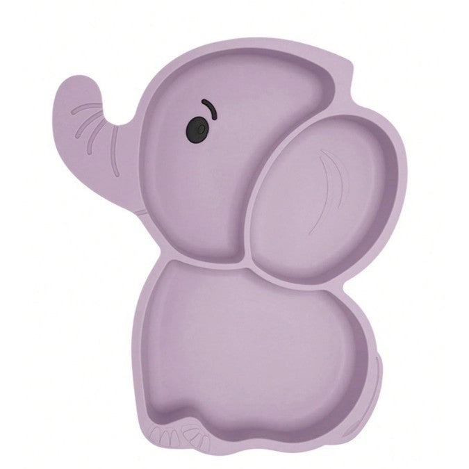 Set 10 Piese Servire Masa, pentru Bebelusi si Copii, din Silicon/Lemn, cu Ventuze Anti-alunecare, fara Alergeni. +6 Luni, Model Elefant, Mov