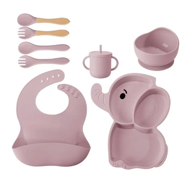 Set 10 Piese Servire Masa, pentru Bebelusi si Copii, din Silicon/Lemn, cu Ventuze Anti-alunecare, fara Alergeni. +6 Luni, Model Elefant, Mov