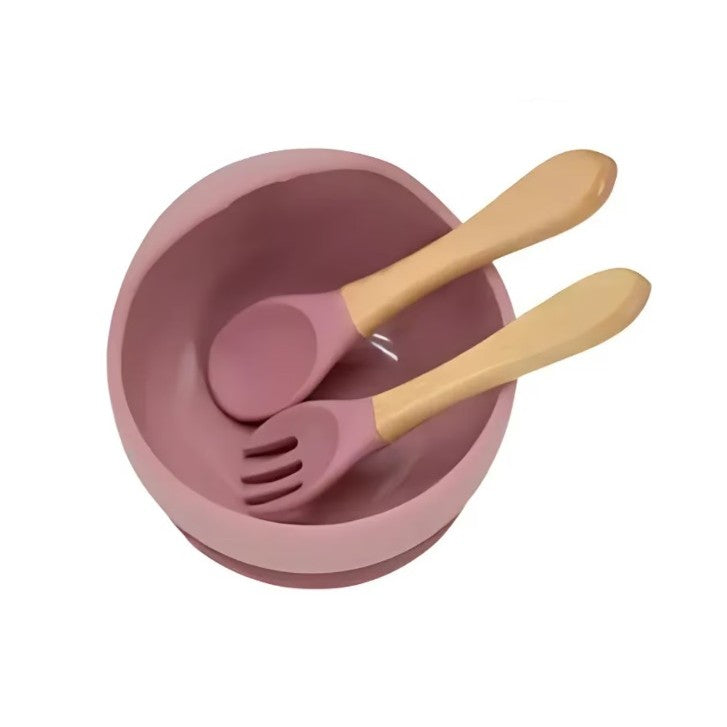 Set 10 Piese Servire Masa, pentru Bebelusi si Copii, din Silicon/Lemn, cu Ventuze Anti-alunecare, fara Alergeni. +6 Luni, Model Elefant, Maro